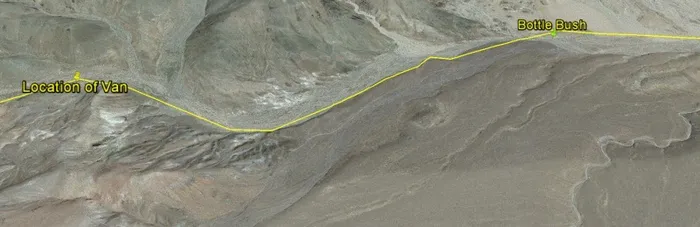 Death Valley Germans - Relative locations of the van and the bottle bush. Squaw spring is the little green patch just south of the van location